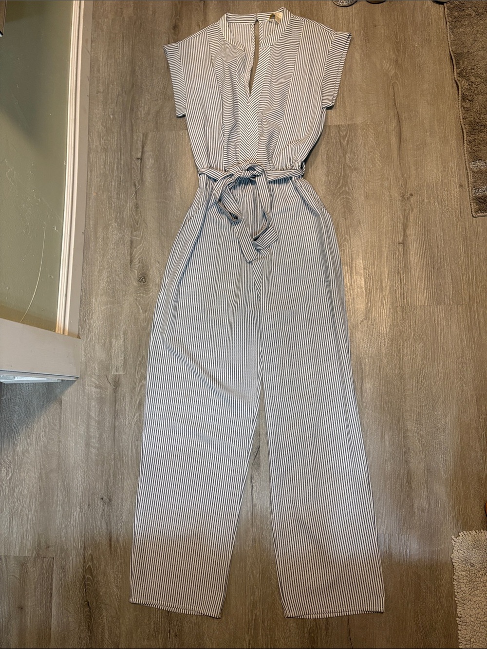 Striped Tie-Waist Jumpsuit in White and Blue